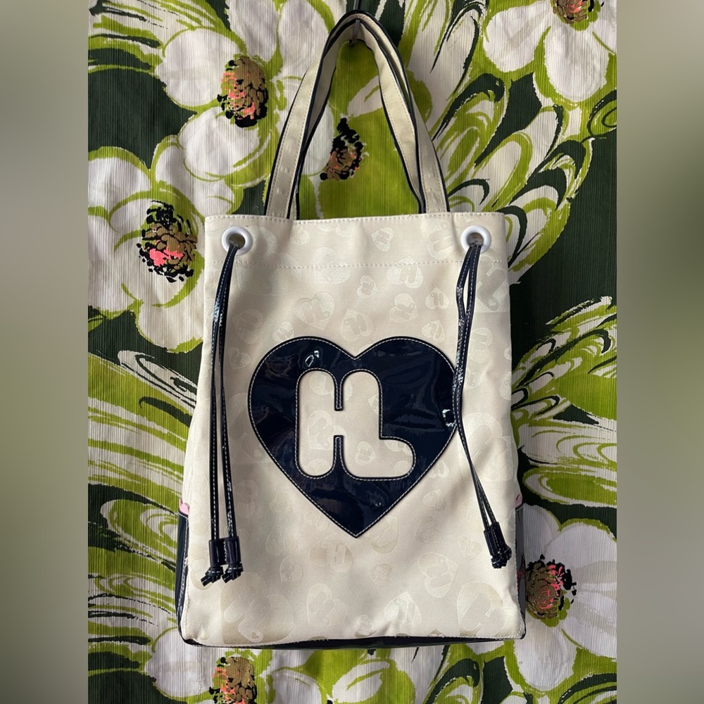 rare Harajuku Lovers by Gwen Stefani logo tote patent bag handles navy blue tan